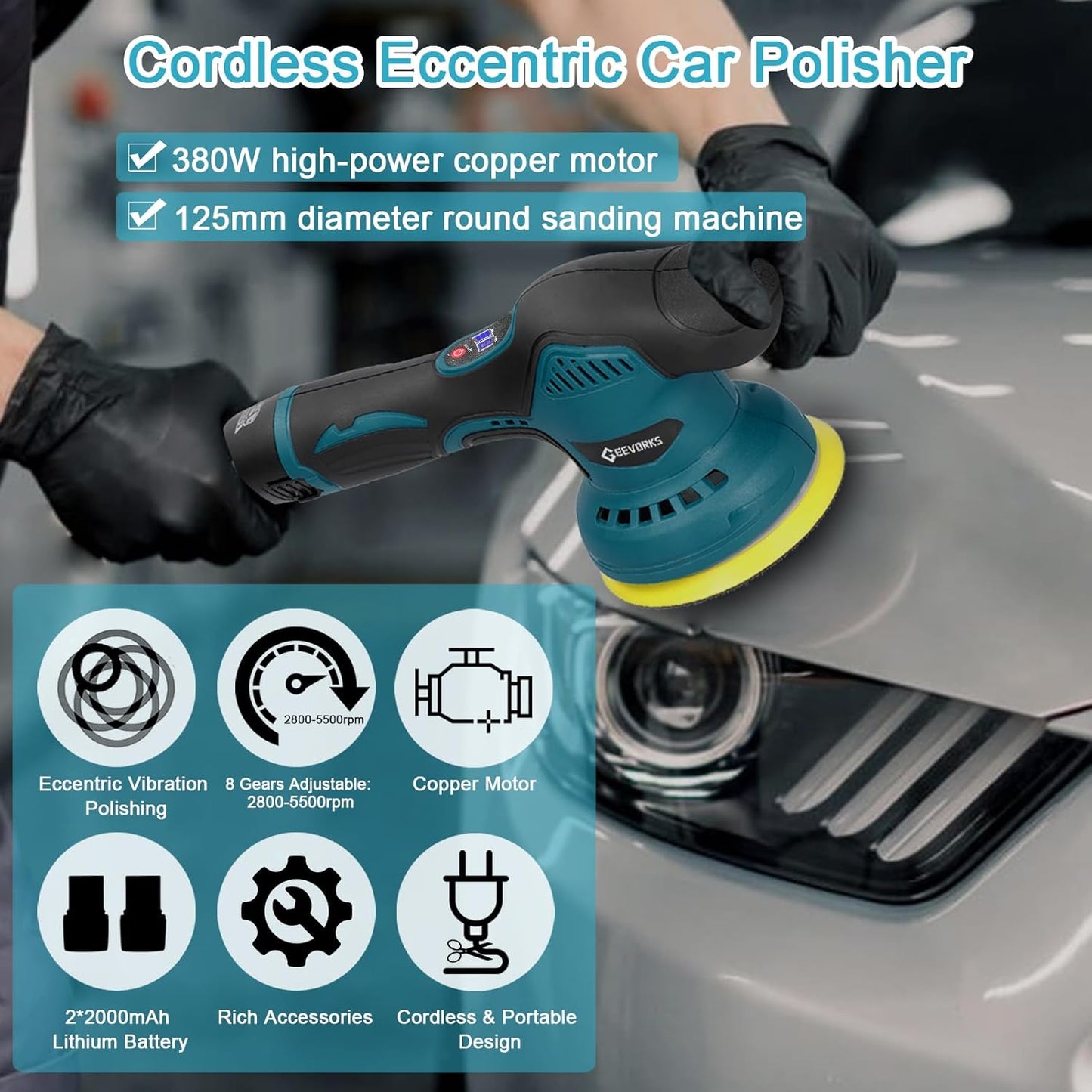 Cordless eccentric car polisher, electric automatic polishing machine, multi-functional, metal waxing, rust removal machine