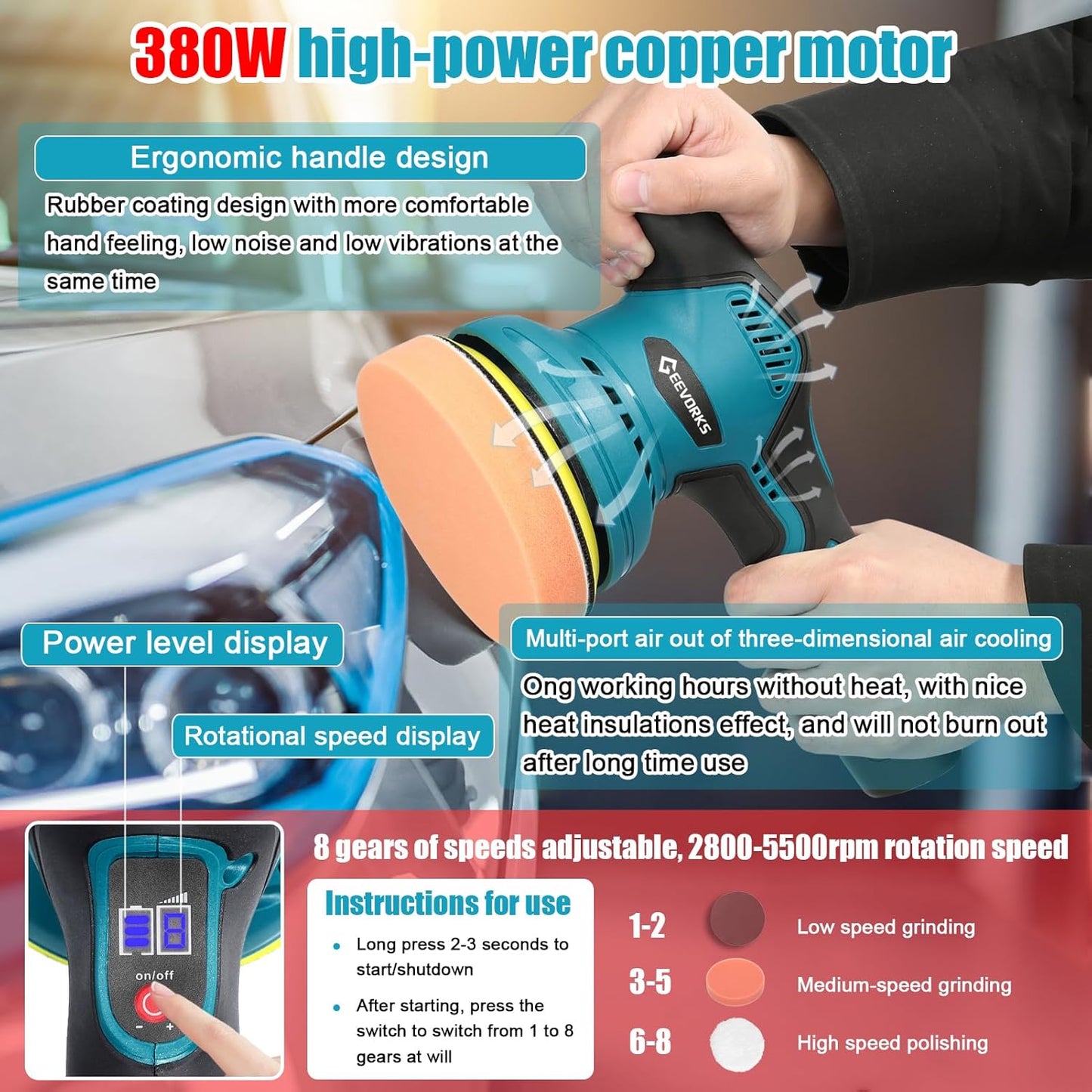 Cordless eccentric car polisher, electric automatic polishing machine, multi-functional, metal waxing, rust removal machine