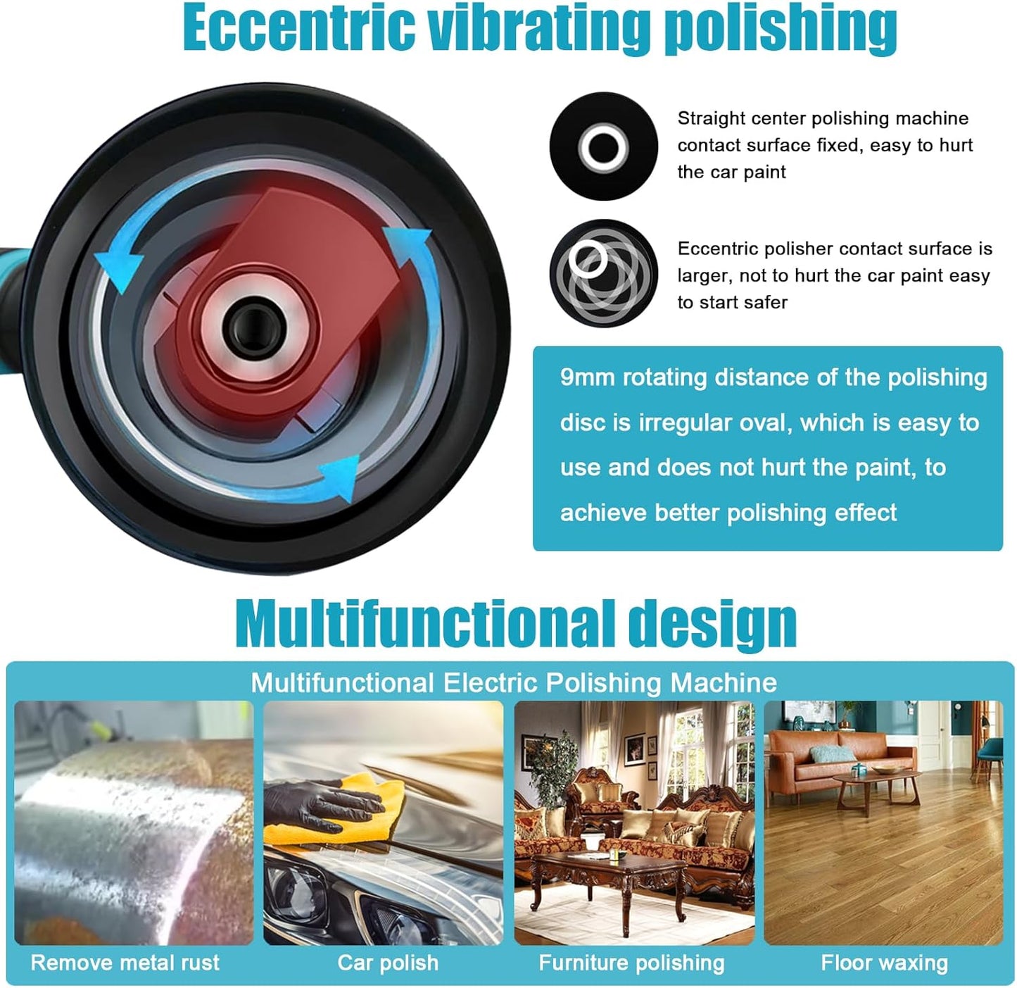 Cordless eccentric car polisher, electric automatic polishing machine, multi-functional, metal waxing, rust removal machine