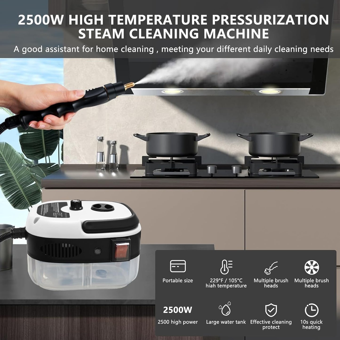 Steam Cleaner, 2500W Handheld High Pressure Steam Cleaner with 3 Brush Heads, Portable Steam Cleaner for Home, Furniture, Kitchen, Bathroom and Car Detailing