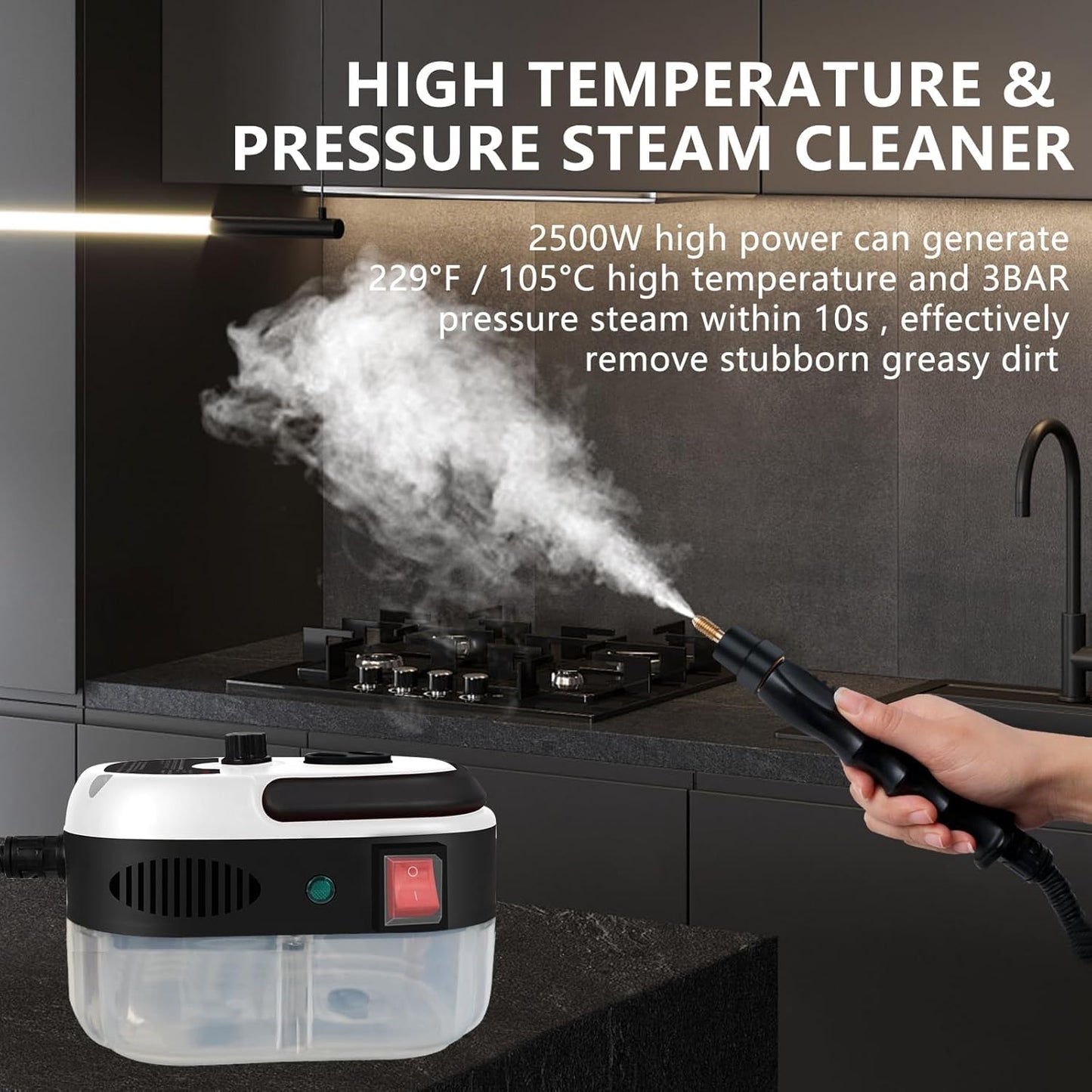 Steam Cleaner, 2500W Handheld High Pressure Steam Cleaner with 3 Brush Heads, Portable Steam Cleaner for Home, Furniture, Kitchen, Bathroom and Car Detailing